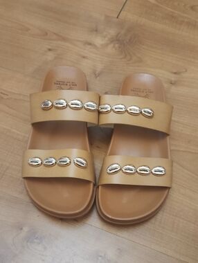 Leather Tan Double-Strap Slide Sandals with Gold Shell Embellishments